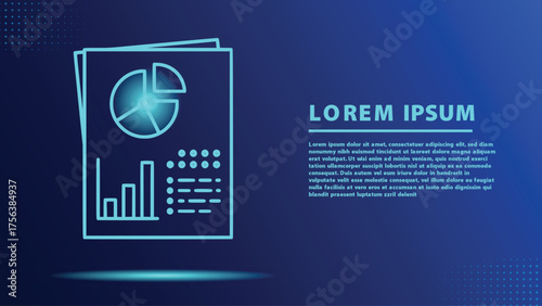 Financial Report Documents with Pie Chart Bar Graph and Data Dots on Blue Background