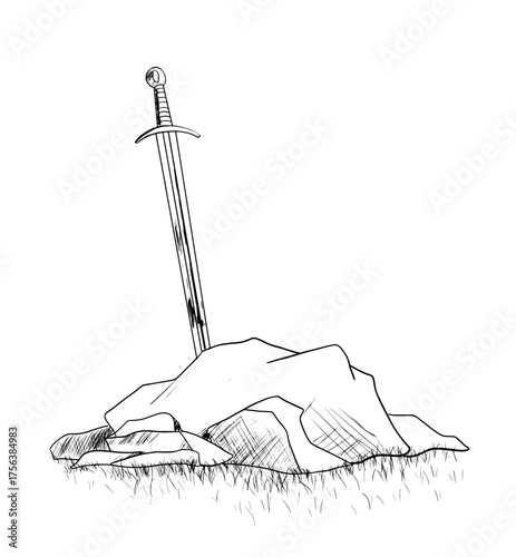 Legendary sword embedded in rock, symbolizing power, destiny, and the quest for greatness, perfect for fantasy and historical themes.