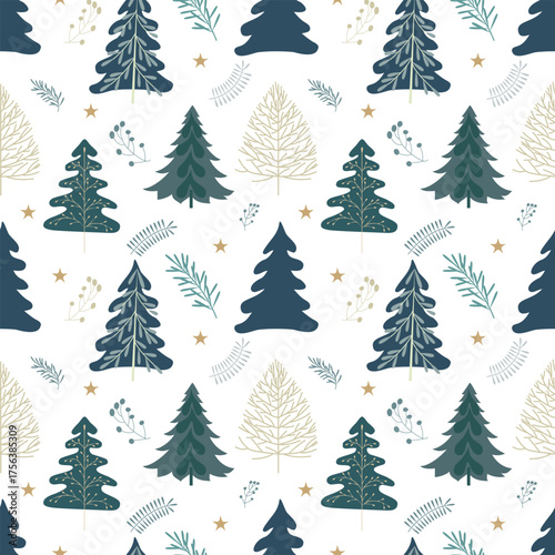 A pattern of stylized Christmas trees and stars that is suitable for backgrounds, fabrics, wrapping paper, or winter-themed interior decoration.
