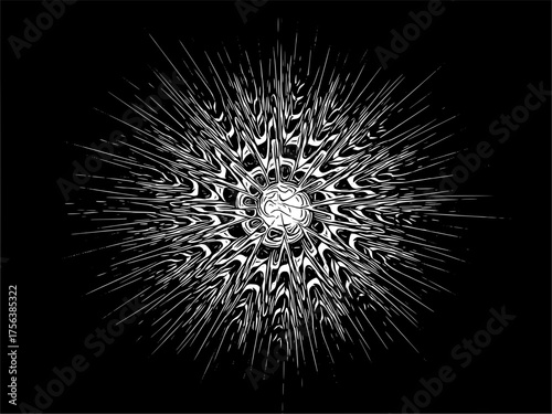 Dynamic abstract burst of white lines and organic shapes radiates outward creating a mesmerizing, energetic, and modern visual effect against a dark backdrop for graphic design.