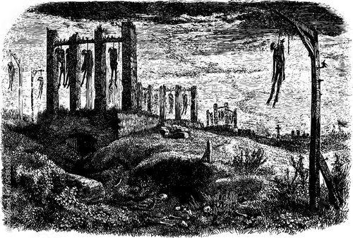 Chilling depiction of a gruesome execution scene with multiple figures hanging from gallows under a dark, ominous sky creating a historical drama atmosphere