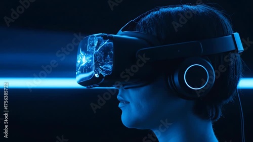 Closeup of a person wearing a virtual reality headset, experiencing an immersive digital world with glowing blue visuals