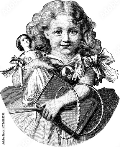 Charming vintage illustration of a young girl holding toys and a book, evoking nostalgia and childhood innocence with intricate linework