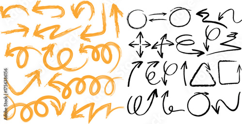 Grunge arrow set in yellow and black. Rough industrial paint texture arrows for street art, caution, navigation, and creative design