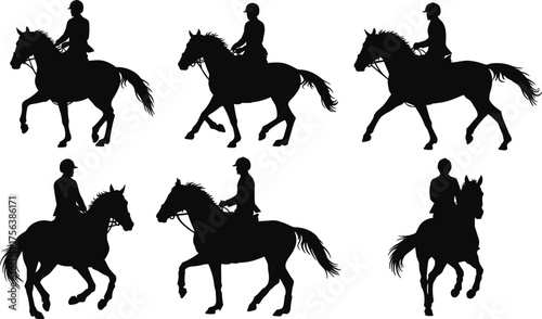Horse riding silhouettes, equestrian sport activity, horseback rider training, animal movement, outdoor adventure, athlete balance, gallop, trot