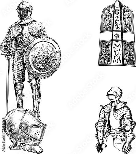 Majestic medieval knight in shining armor with sword and shield, standing proudly beside a protective helmet and ornate ceremonial garment, evoking historical strength and valor.