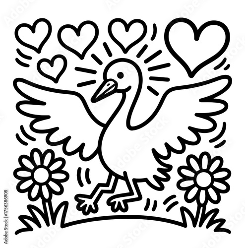 Cartoon heron with googly eyes, skinny neck, and whimsical style
