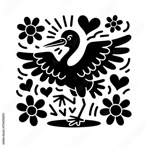 Cartoon heron with googly eyes, skinny neck, and whimsical style
