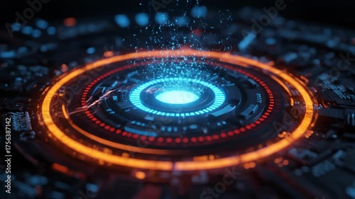 Futuristic glowing technological interface with blue and orange lights, abstract scifi background