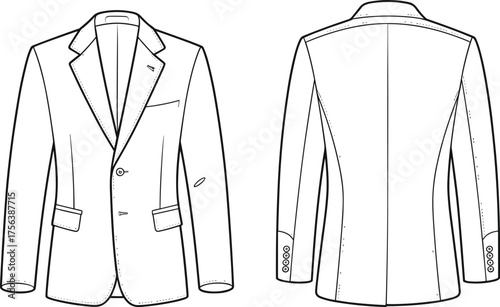 Men’s blazer flat sketch, fashion technical drawing, single breasted jacket, tailoring design, garment 