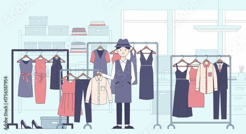 Fashion Designer Arranging Clothes On Racks In A Modern Boutique