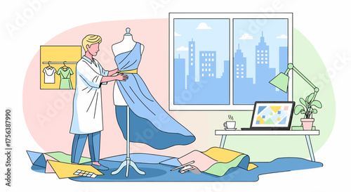 Fashion Designer Creating Dress On Mannequin In Creative Studio