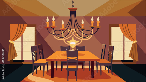 A dining room with a beautiful handcrafted chandelier made of twisted metal and glass beads casting a warm and inviting glow.