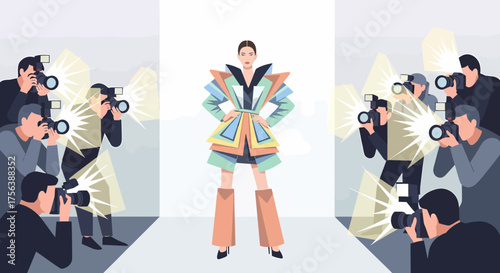 Fashionable Model Posing Under Flashes At Runway Event Show