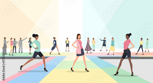 Fashionable People Walking On Modern Pastel Street