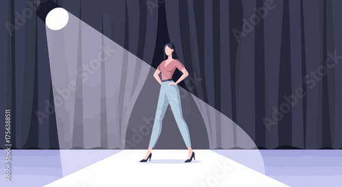 Stylish Woman Standing Confidently Under A Stage Spotlight Illustration