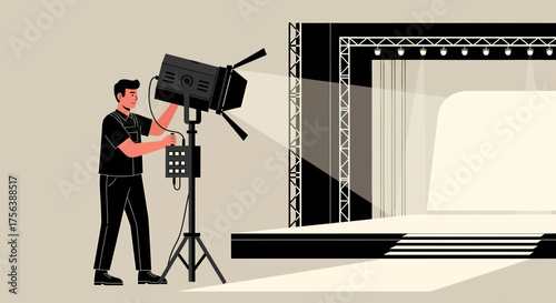 Stagehand Adjusting Lights For Performance Venue Preparation Behind Scenes