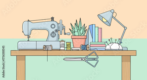 Vintage Sewing Machine On Wooden Table With Accessories Illustration
