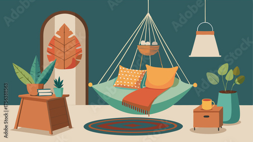 A corner reading nook with a lowslung chair a pile of pillows and blankets and a trio of hanging plants in macrame hangers.