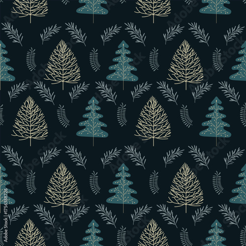 A seamless winter-themed pattern featuring a variety of Christmas trees, coniferous branches, and small stars. The color palette includes shades of blue, gray and beige. This design is suitable for de