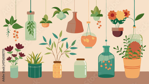 A collection of hanging plants and dried flowers in eclectic vases and jars adding a touch of whimsy to a room.