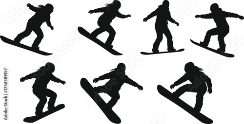 Snowboarder action silhouettes, extreme winter sport, athlete performing tricks, snowboarding jump, freestyle movement, outdoor adventure, dynamic balance, speed