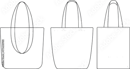 Tote bag flat sketch, fashion technical drawing, handbag design, accessory template, apparel construction, sewing pattern, product illustration