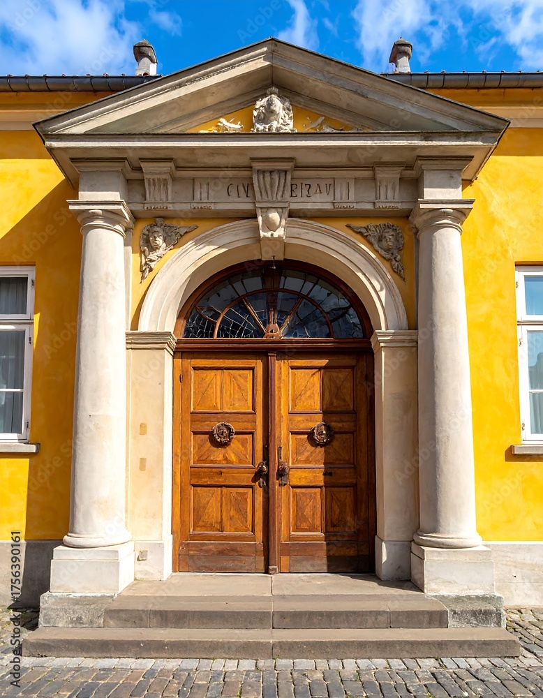 Obraz premium A grand wooden double door with arched glass leads into a sun-drenched yellow building, framed by white pillars