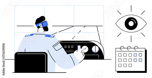 Controller at work adjusting panels and dials, calendar, visibility concept. Ideal for aviation, flight navigation, time management, surveillance, safety, planning simple flat metaphor