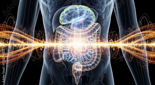 An abstract representation of the human body with focus on the brain and digestive system, highlighting the connection between mind and gut health