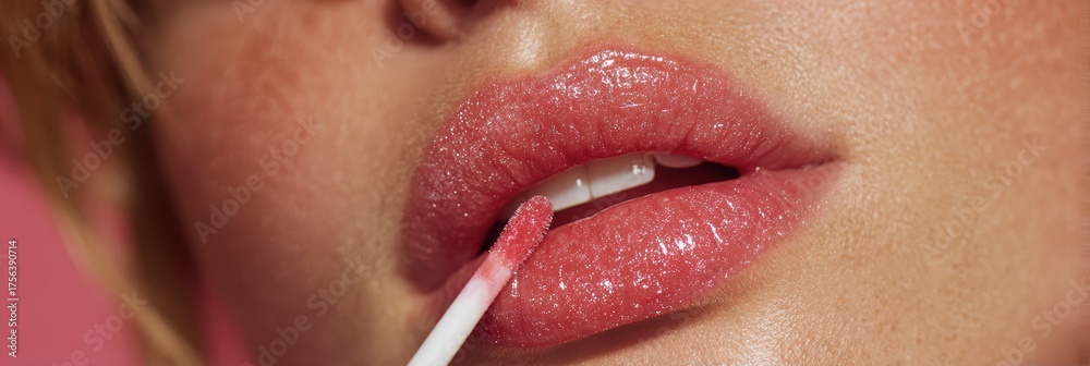 Obraz premium lip gloss lipstick woman makeup beauty lipgloss mouth girl glossy red. model lip gloss lipstick sexy make fashion closeup paint nature feminine applying face fun liquid people macro drop sensual brush