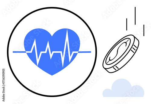 Blue heart with ECG line inside a circle and a falling coin, symbolizing healthcare costs and importance of investment in health. Ideal for healthcare, finance, insurance, wellness topics, simple