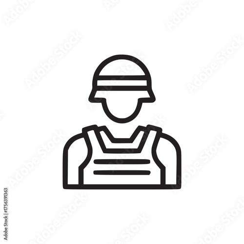 A minimalist line art icon depicting a soldier wearing a helmet and a bulletproof vest on a white background