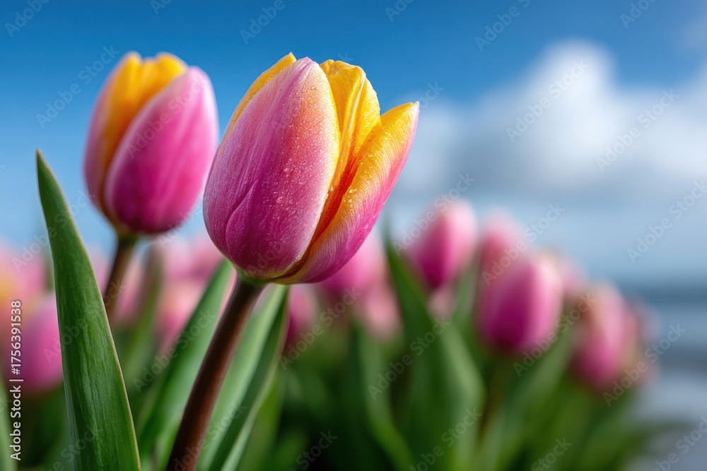 Fototapeta premium Bright tulips blooming by the shore under a clear sky during springtime near a peaceful beach