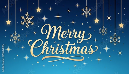 Merry christmas holiday season greeting card with snowflakes and stars golden blue background vector graphic