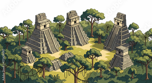 Ancient Maya Pyramids Amidst Dense Jungle Canopy Illustration
