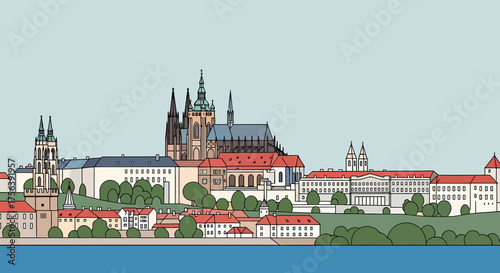 Charming Prague Cityscape Flat Design With Historical Buildings