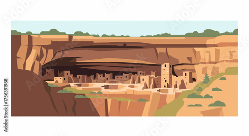 Cliff Dwellings In The Canyon Landscape Illustrative Composition