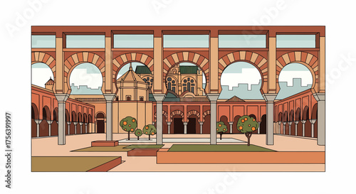 Cordoba Mosque Interior Arches And Courtyard With Orange Trees