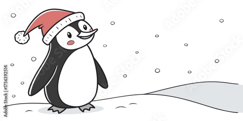 Festive Penguin with Santa Hat Adorable Minimal Flat Christmas Vector