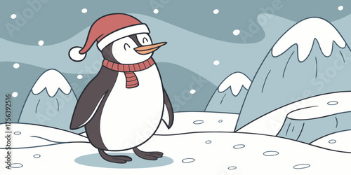 Cute Penguin Wearing a Santa Hat Festive Winter Flat Vector Illustration
