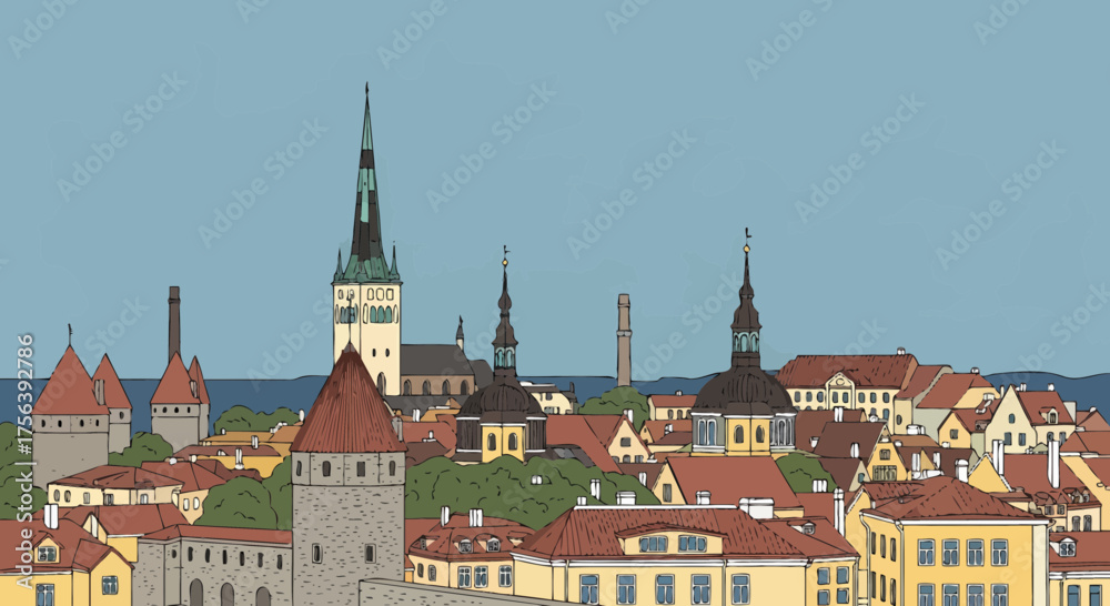 Fototapeta premium Scenic Skyline Of Old Town In Tallinn With Cartoon Style