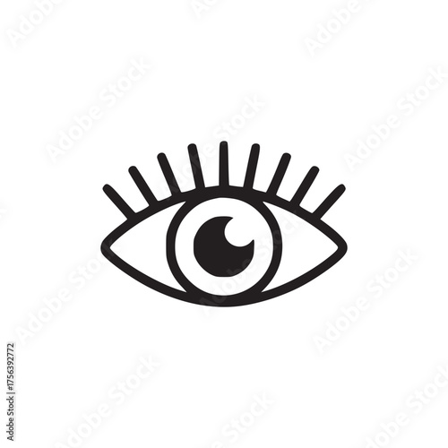 A simple black and white eye design with eyelashes and pupil on a plain white background space around