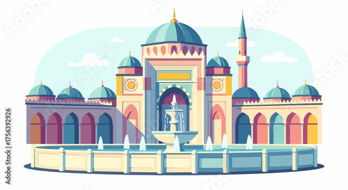 Stylized Islamic Architecture With Fountain And Minaret Illustration