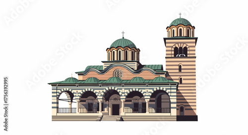 Vector Illustration Of Orthodox Church In Bulgaria, Architectural Landmark