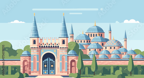 Whimsical Palace Illustration With Pastel Colors And Flat Design