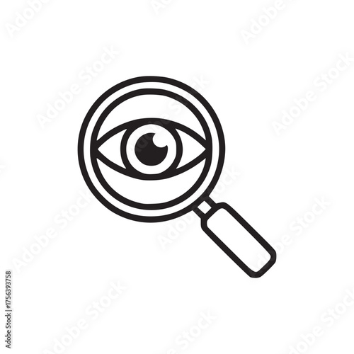 A black and white line drawing of a magnifying glass with an eye inside the lens on a white background