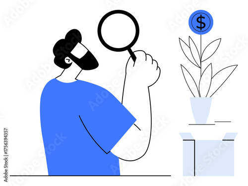 Man examining a plant with a dollar sign using a magnifying glass, representing financial growth, investment, and business analysis. Ideal for investment, finance, analysis, strategy
