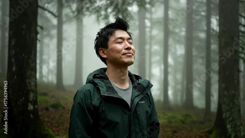 Peaceful man in green jacket breathing fresh air in a serene misty forest.