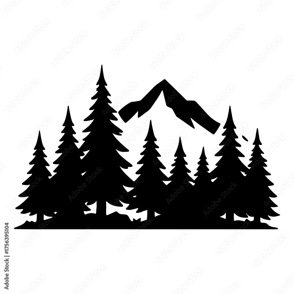 Obraz premium Silhouette of a dense evergreen forest with a jagged mountain peak rising majestically behind the trees